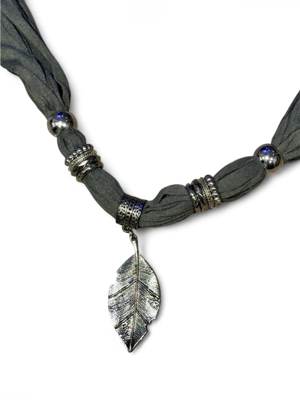 Versatile Silver Metal Leaf Pendant Grey Scarf Necklace Belt Accessory